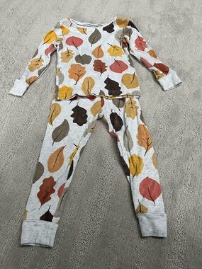 Kids' Leaf Print Long Sleeve Pajama Set - Gray with Autumn Leaves 2T